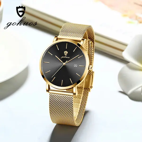 GOHUOS Men's Watch, Analog Quartz Movement for Male Wear, Fashionable Green Face with Stainless Steel Mesh Band and Buckle, Gift Set with Batteries, Water Resistant