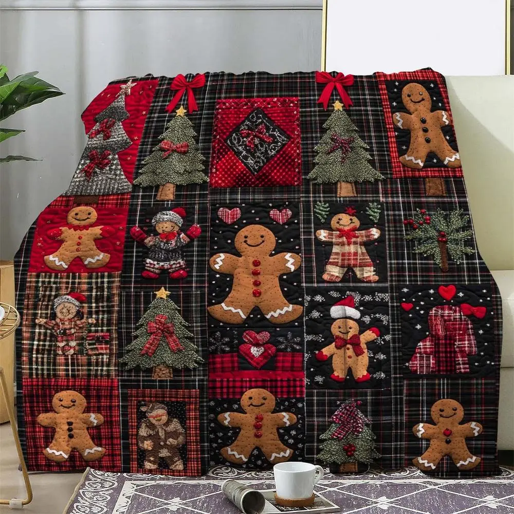 1pc Vintage Christmas Gingerbread for Man & Cedar Tree Plaid Fleece Throw Blanket - Soft Polyester Red/Green Tartcan with Gingerbread, Holly & Snowflakes - All-Season Lightweight Bedspread for Couch, Bed, Travel - Cozy Holiday Decor with Gingerbread