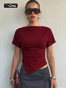 Women's Solid Color Basic, Minimalist Boat Neck Irregular Hem T-shirt Top, Plain Ruched Short Sleeve Slim Fit Fitted Tees Blouse, Party Club Date Daily Y2K Casual Crop Tops For Ladies Summer Wear