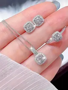 Women's Elegant Square Shaped Pendant Necklace & Earrings & Ring, Exquisite Trendy Bridal Maximalist Jewelry Set, Glamour Set, Fashionable Accessories for Daily & Party Decoration