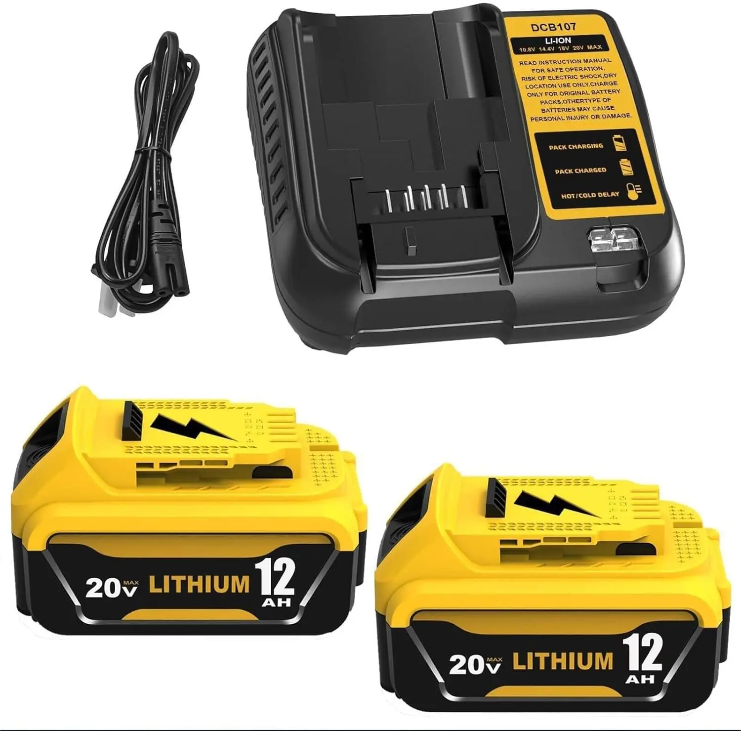 2-Packs 12000mAh DCB206 207 Replacement Lithium Batteries & DCB107 Charger Combo for Dewalt 20V MAX Power Tools, Compatible with Dewalt 20V DCB204 200 201 203 Batteries (12.0Ah-Yellow, Long-Lasting High-Capacity)