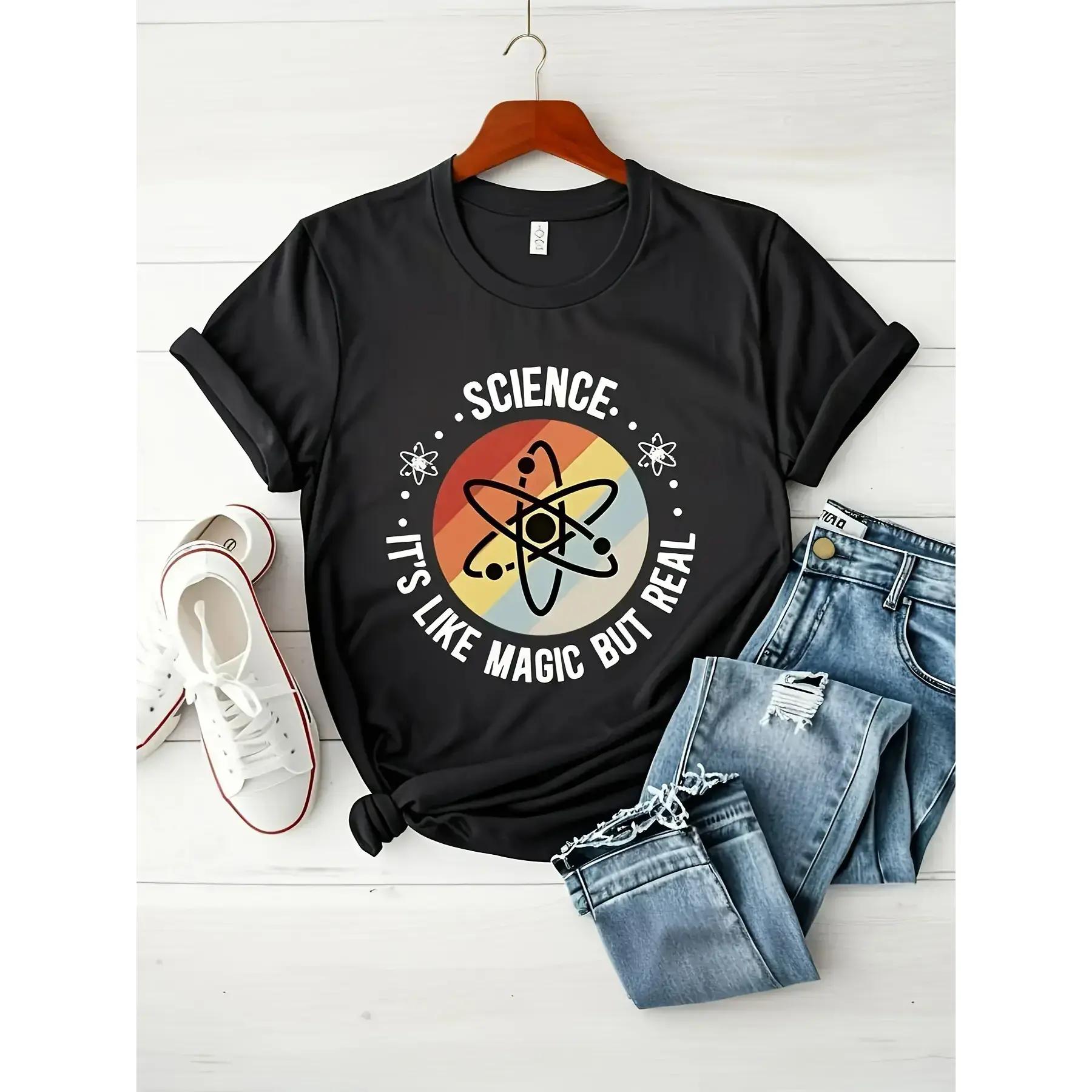 Women'S Science Pattern T-Shirt- Soft Everyday Style, Funny Slogan "Science Is Not Magic, It'S Real Magic"- Black Casual Shirt, Must-Have for STEM Women and Science Enthusiasts- Machine Washable, Comfortable All-Season Clothing, Skin-Friendly Fabric