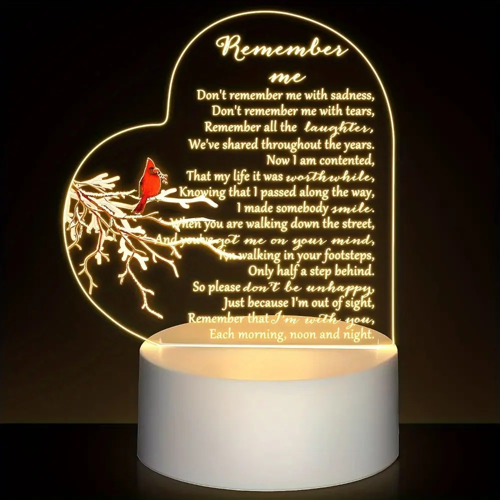 Red Cardinal Bird Style Clear Crystal Acrylic Heart LED Memorial Night Light, Bereavement Decor with Soft Glow, Elegant Tribute Comforting Present for Loss of a Loved Individual