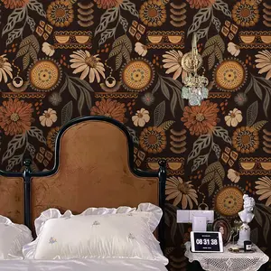 Boho Wallpaper Peel and Stick, 17.3'' x 240" Sun Floral Retro Removable Contact Paper Dark Botanical Flowers Wall Mural for Decorative Bedroom Bathroom Home Wall