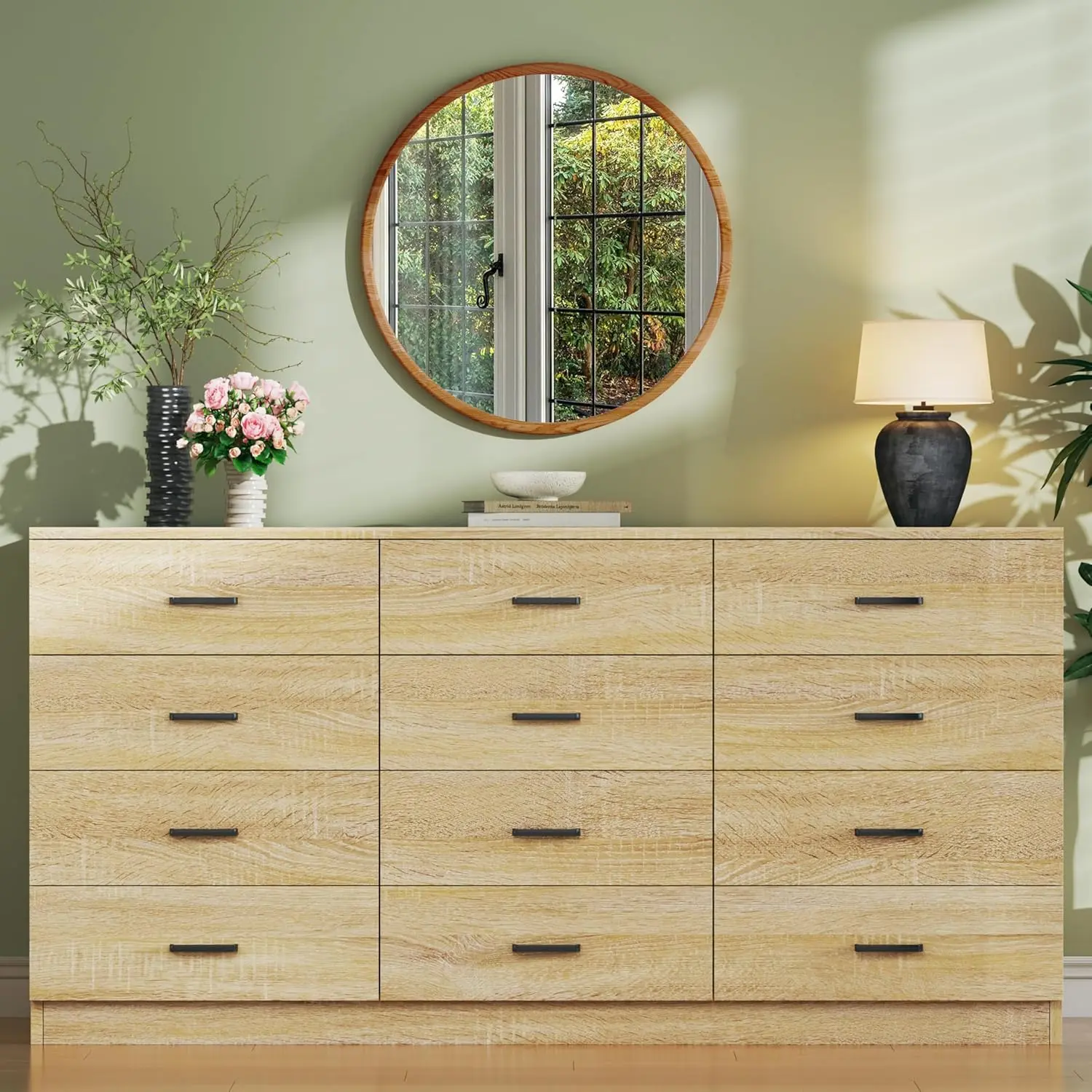 Dresser for Bedroom with 12 Drawers, 60'' Wide Mid Century Modern Dressers, Natural Wood Grain, Chests of Drawers TV Stand, Large Storage Organizer, Closet, Entryway, Natural