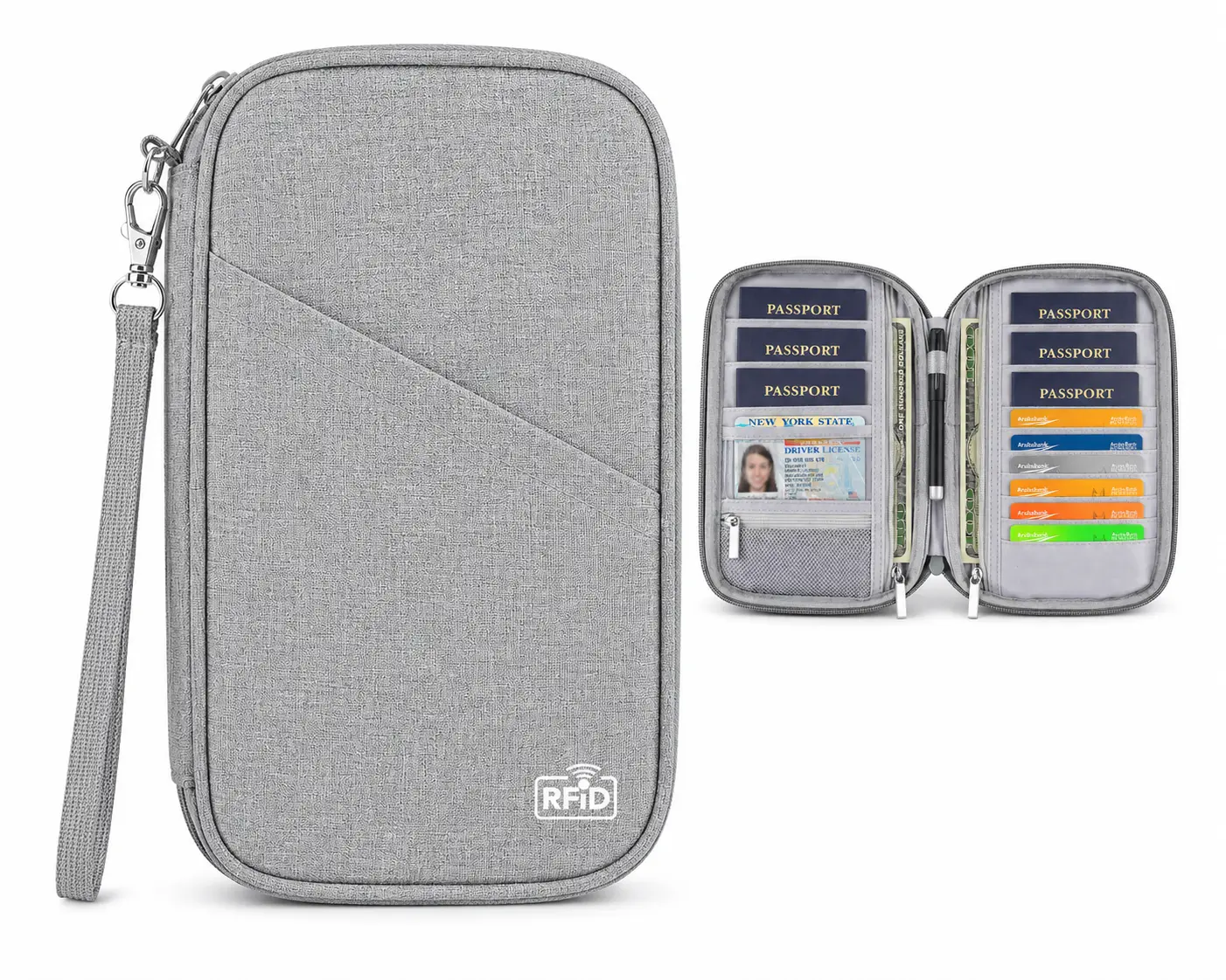 Family RFID Blocking Passport Wallet for Women & Men, Water-Resistant Zip Travel Organizer with Multi-Pocket Storage for Passports, Boarding Passes, Credit Cards, Cash & Documents