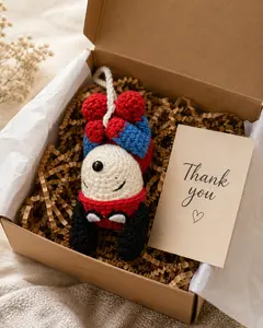 (12cm) Handmade Crochet Bear Car Mirror Hanging Ornament, Cute Red Blue Amigurumi Rearview Mirror Charm, Kawaii Plush Car Decor, Gift for Car Lovers