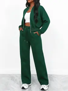 Women's Plain Basic Zipper Fitted Sweatshirt 2-Piece Set, Long Sleeve Top + High Waist Sweatpants, Casual Fall & Winter, Everyday Comfortable Daily Wear