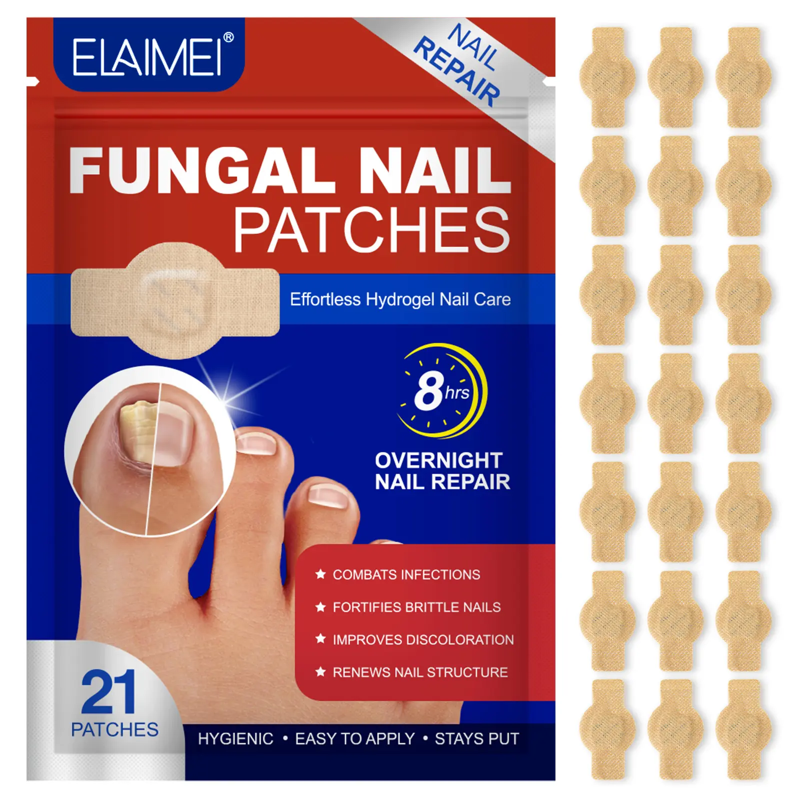 Elaimei Fungal Nail Patches Effortless Hydrogel Nail Care 8-Hrs Overnight Repair 21P Hypoallergenic Polyester Treatment