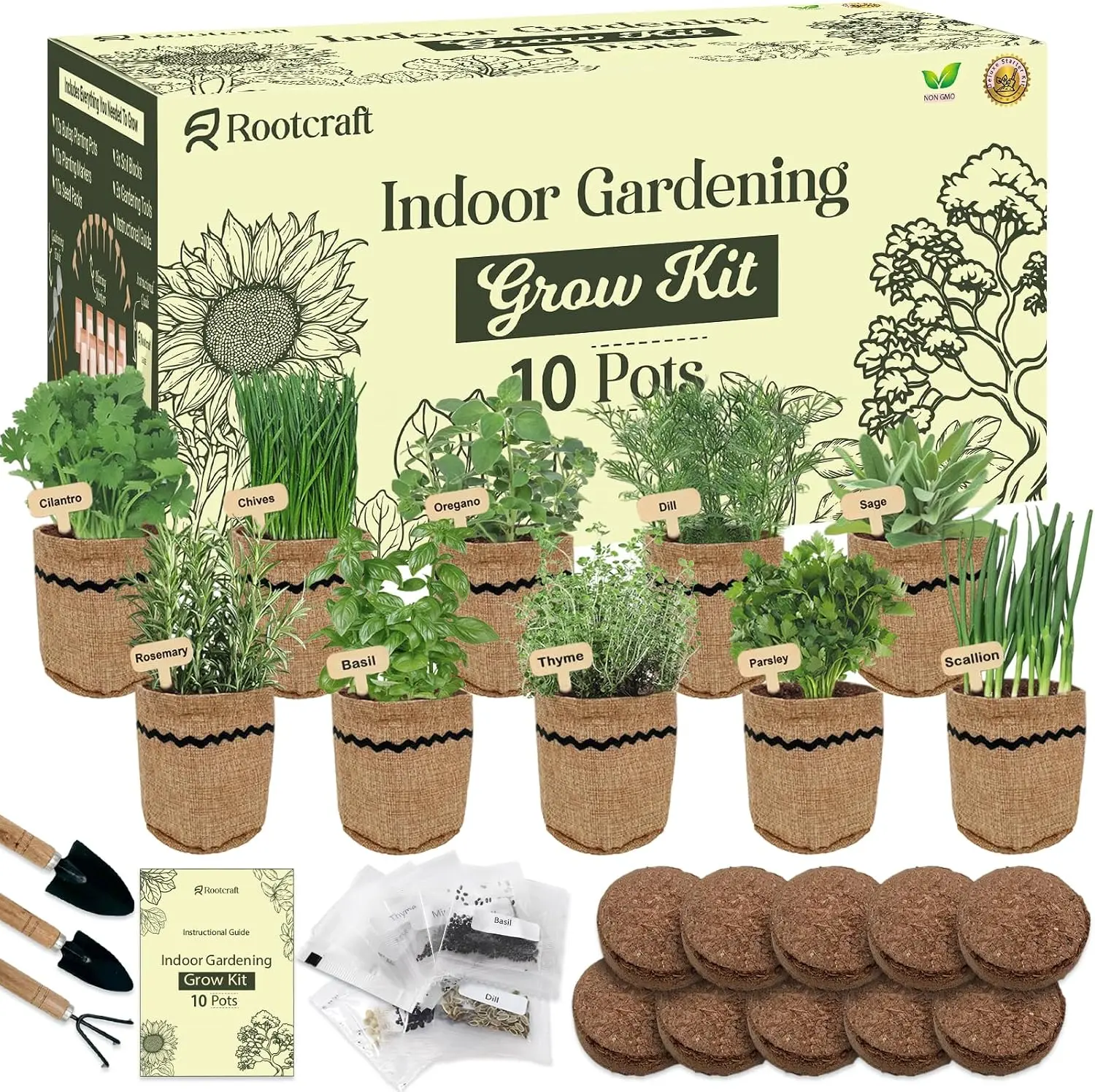 Indoor Herb Garden Planter Kit (10-Herb, 44-Piece Complete Kitchen Starter Set) - Burlap Pots, Markers, Soil Discs, Gardening Tools - Unique Gift for Women, Mom (Easter, Birthday)