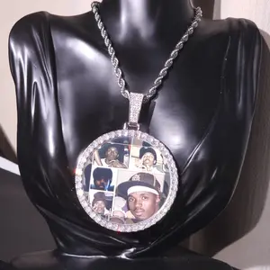 Iced Out Large Round Custom Photo Necklace | DIY Memory Picture Chain, Personalized Engraved Jewelry for Men and Women