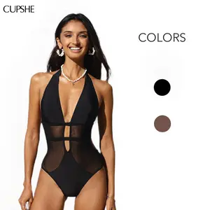 CUPSHE 2026 Hourglass Sculpting Mesh One Piece Swimsuit | Deep V Neck Tummy Control Monokini | Chic Halter Back Sheer Bathing Suit for Pool Party Glam