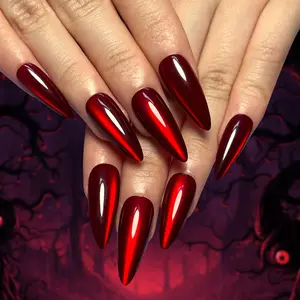 Red Cat Eye Stone Fake Nails with Nail File & Tape & Stick, 30pcs/box Reusable False Nails for Women & Girls DIY Nail Art, Effortless Press on Nails Manicure Set, Unique Vampire Nails for Nail Extensions