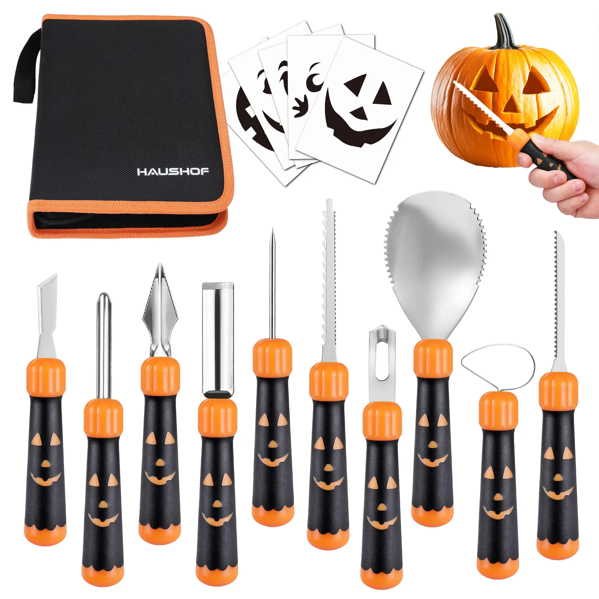 #summersale HAUSHOF 20-COUNT Halloween Pumpkin Carving Kit, 10-COUNT Professional Heavy Duty Stainless Steel Pumpkin Carving Tools with Carrying Case and 10 Pumpkin Carving Stencils for Halloween Jack-O-Lanterns