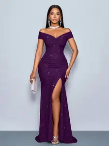 Elegant Deep Purple Summer Dinner Dress,Women's Twisted Off Shoulder Backless High Slit Metallic Sheen Mermaid Maxi Outfit For Christmas &