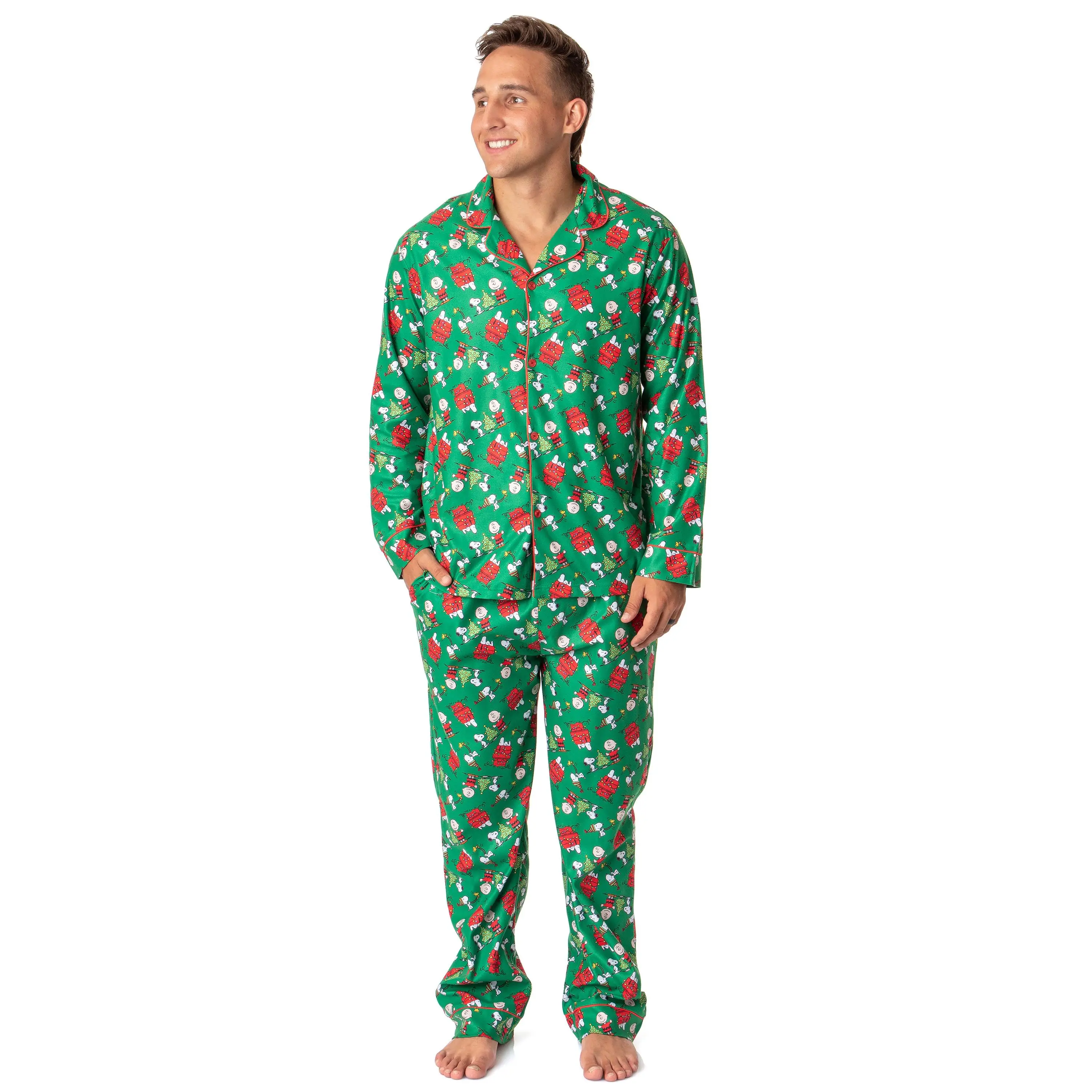 PJammy Men's Peanuts Snoopy Christmas Pajama Set, 2-Piece Button-Down Long Sleeve Polyester Shirt and Pants Nightwear, Fabric