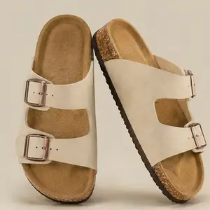 SHOESLOCKER Women's Classic Cork Footbed Sandals - Aesthetic Slimming Double Buckle Slides - Summer Essentials Suede Comfort Sandals,summervibes