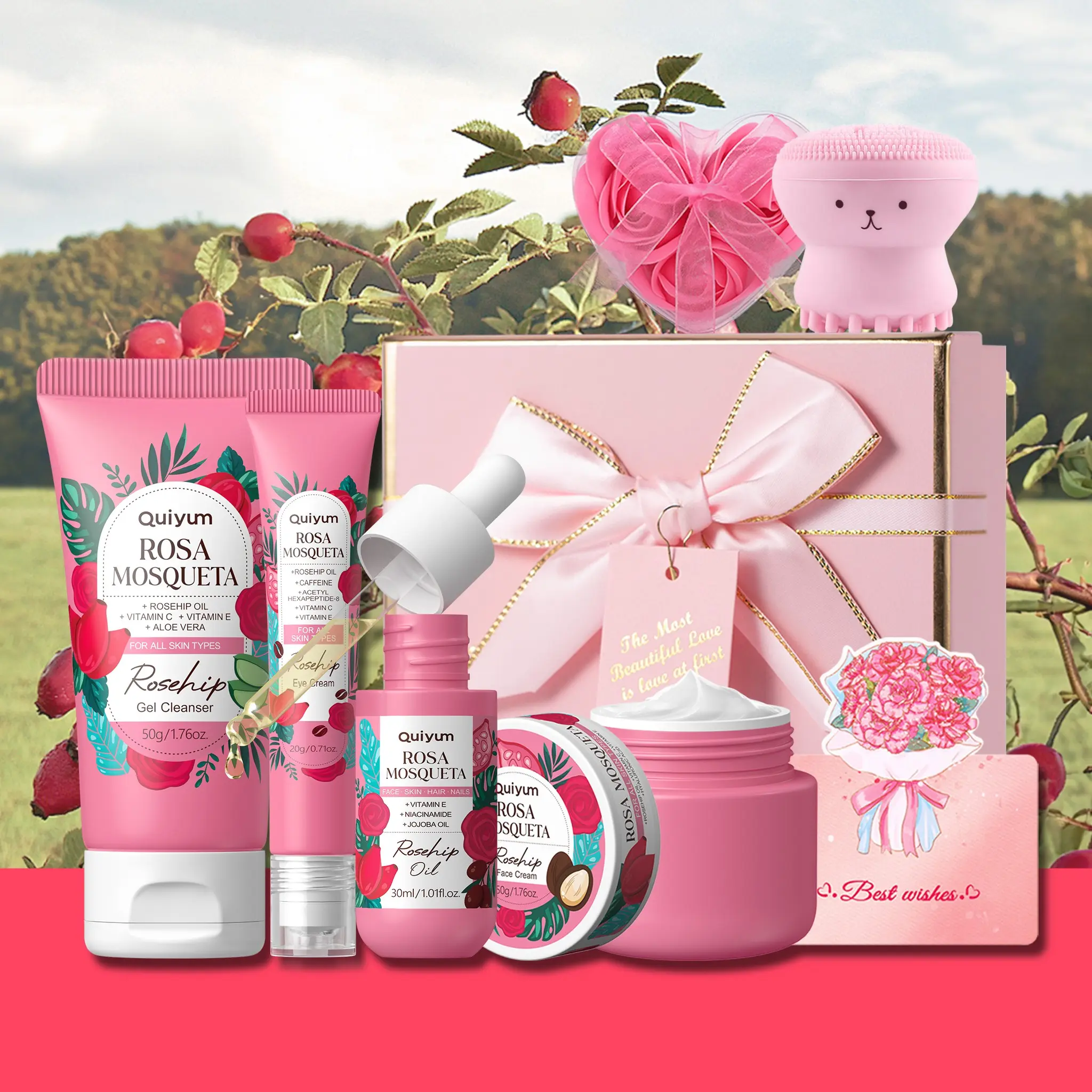 QUIYUM Rosehip Glow Bundle | Gel Cleanser, Eye Cream, Face Cream & Rosehip Oil for Soft, Dewy, Healthy-Looking Skin