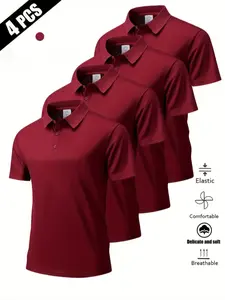 Men's Wine Elastic Fitted Polo Shirts Set of 4, Plain Classic Fashionable Simple Design, Quick-Dry Breathable Soft Fabric, Casual Wear for All Seasons, Casual Golf Polos