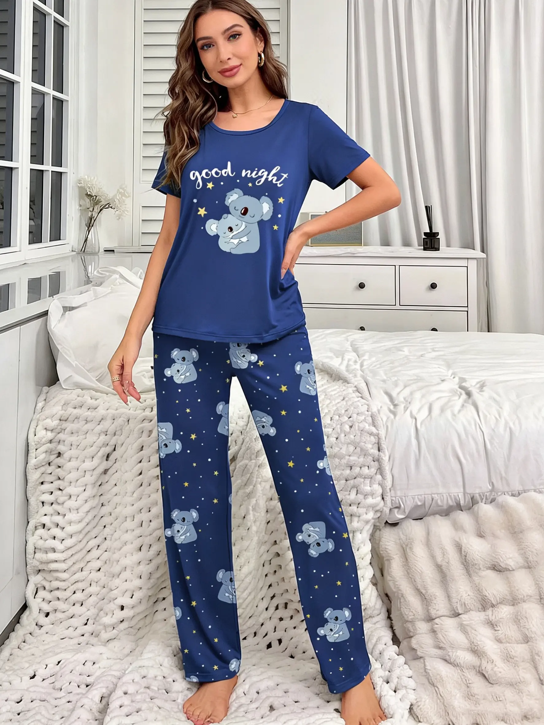Women Good Night Koala Print Pajama Set Short Sleeve Round Neck Tee & Long Pants Soft Comfy Casual Loungewear Nightwear Sleep Outfit For Ladies Womenswear Pyjamas
