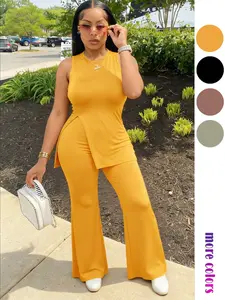 Women's 2026 Summer 2 Piece Outfits, Sleeveless Asymmetrical Hem Mock Neck Top & Flared Wide Leg Pants Set, Knit Stretchy Flowy Casual Going Out Vacation Lounge Sets Everyday for Women Womenswear