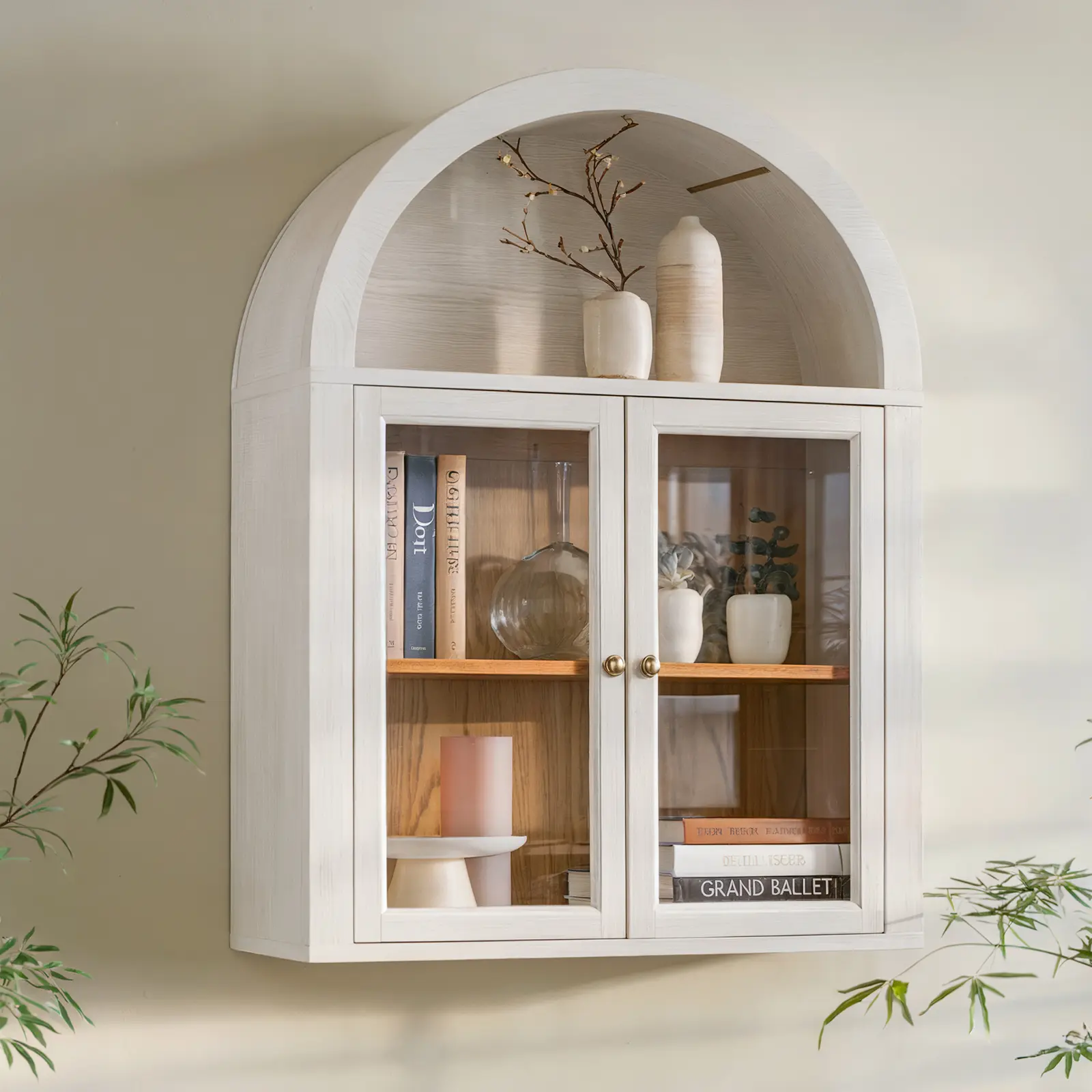 Modern Wood Arched Wall-Mounted Floating Storage Cabinet with Sliding Glass Door, Adjustable Shelves, Wooden Bathroom Cabinet for Living Room Organization house organizer