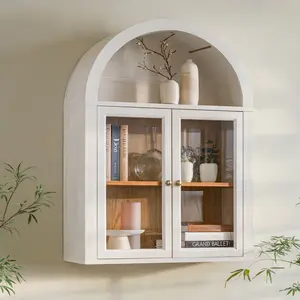 Modern Wood Arched Wall-Mounted Floating Storage Cabinet with Sliding Glass Door, Adjustable Shelves, Wooden Bathroom Cabinet for Living Room Organization summergarden