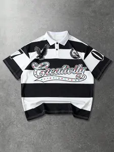 Trendy Y2K Vintage Striped Polo Shirt, Casual Loose Fit Rhinestone Eagle Print, Streetwear Daily Wear, Hip Hop Fashion Aesthetic New Arrival 2026