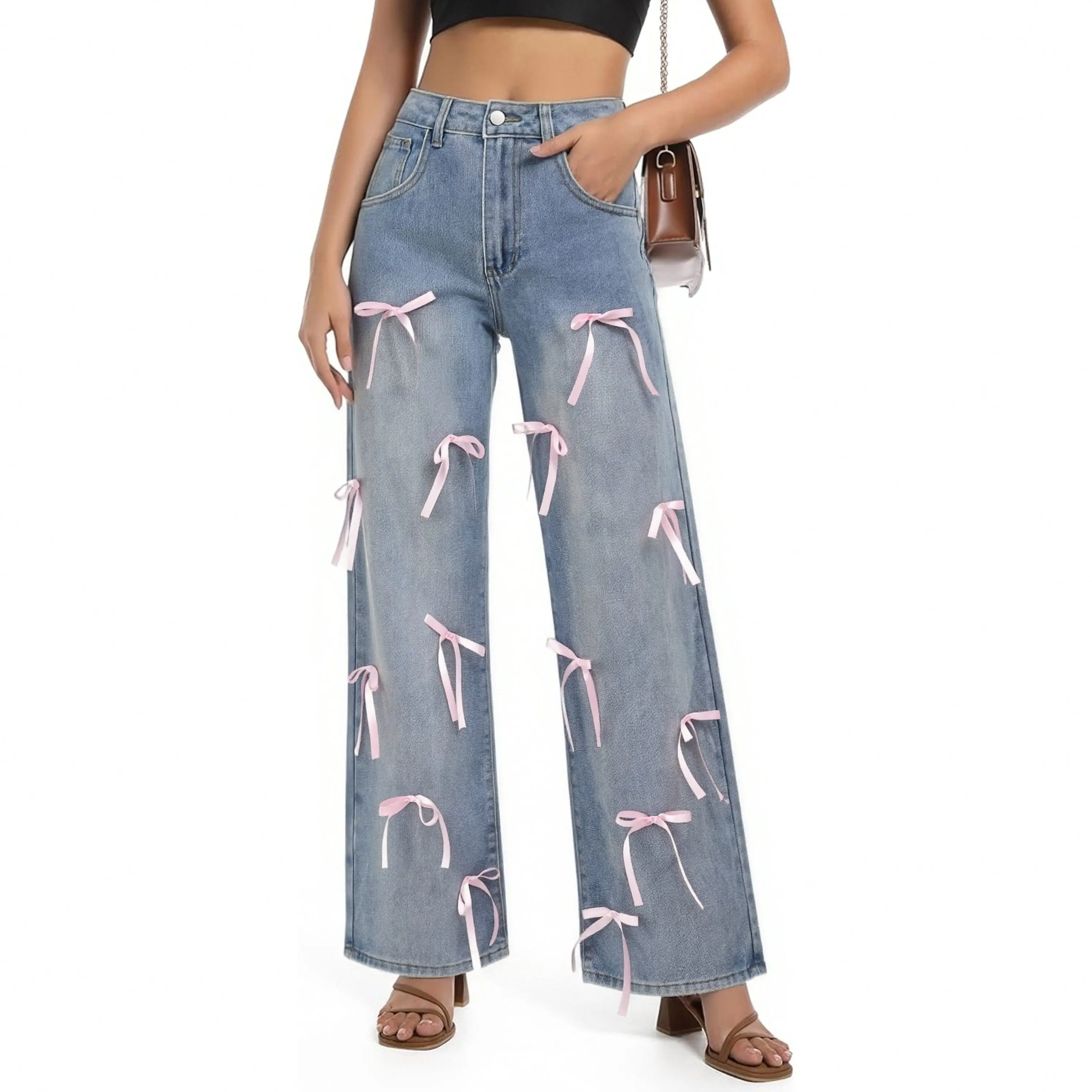 Pink Satin Bow Decor Wide Leg Denim PantsCoquette Y2K Ballet Girl Sweet Viral Daily Staple