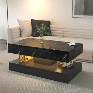 LED Coffee Table with Built-in LED Lights, Modern Minimalist Black Contemporary Coffee Table, Large Indoor Living Room Furniture