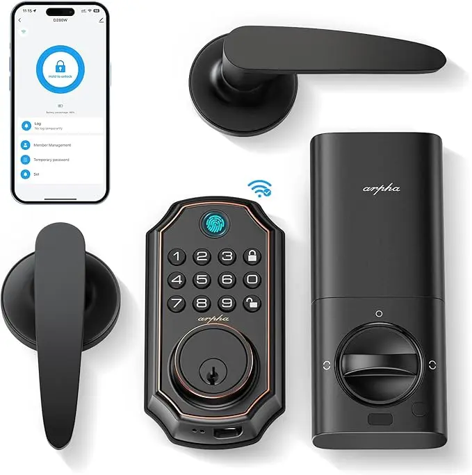 Arpha D280W Smart Security Lock - Ambidextrous, With/Without Handle Options, Digital Keypad Lock, Biometric Fingerprint Access, Wi-Fi/Bluetooth-Enabled, APP Unlock, Alexa Support, Easy Installation, Versatile Door Hardware, None Handle Option Compatible