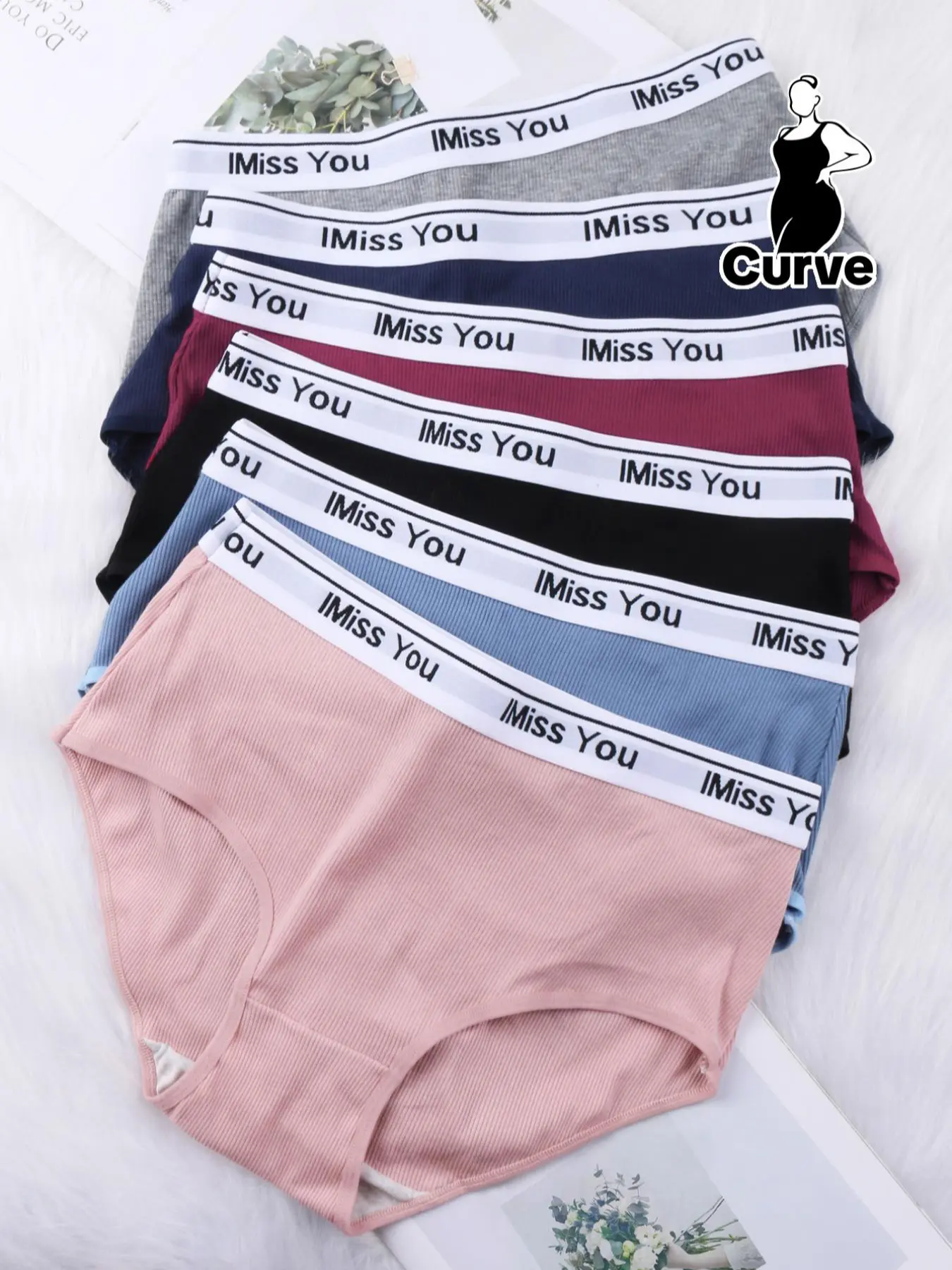 Women's Plus Size Letter Ribbed Seamless Lingerie Underwear Set 6 Pack, Comfortable Breathable Fabric Loose Fit Panties For Daily Wear, Plus Size Summer, Everyday