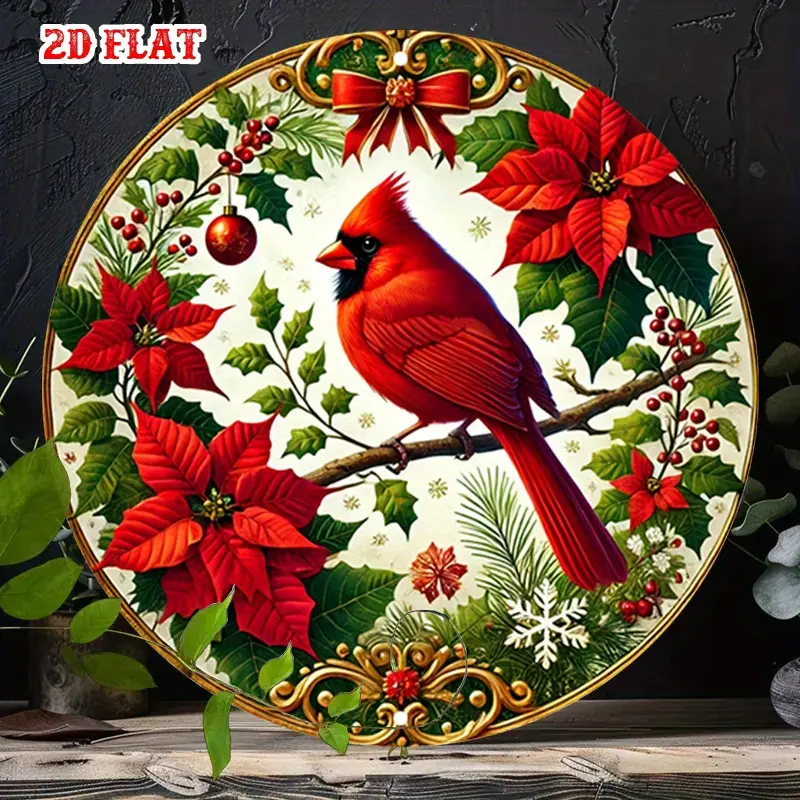 1pc Christmas Vintage Red Cardinal-Poinsettia Floral Round Aluminum Wall Art, 7.87x7.87in Rustic Easy-to-Hang Metal Tin Plaque, Home Decor for Living Space, Cafe
