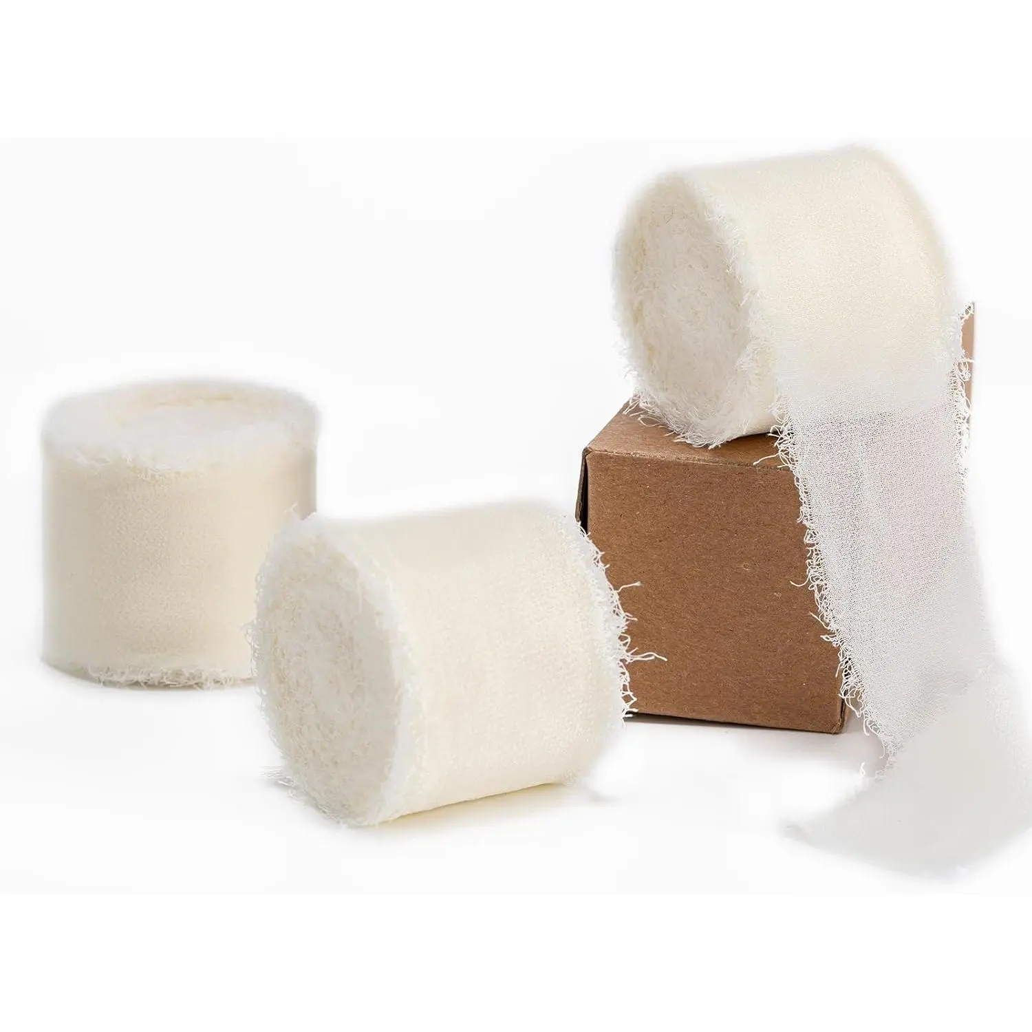 Ivory Handmade Chiffon Ribbon, 1.5Inch x 3 Rolls Total 24 Yards Ivory Fringe Chiffon Silk Ribbon, for Wrapping Wedding Invitations, Bridal Bouquets, DIY Crafts, Home Decor and More