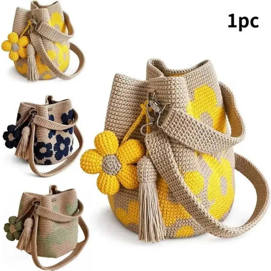 Women's Trending Handmade Crochet Bucket Bag - Cute Flowers, Floral Print, Drawstring, Knitted Handbag with Flower Tassel, Ideal for Daily Shopping, Travel, Gift for Mother’s Day/Birthday, Multifunctional