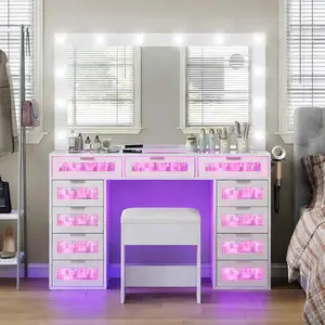 11-Drawer Vanity Desk with RGB LED Lights, Illuminated Mirror, Power Outlet, Hair Dryer Rack & Stool (Ships in 2 Packages)