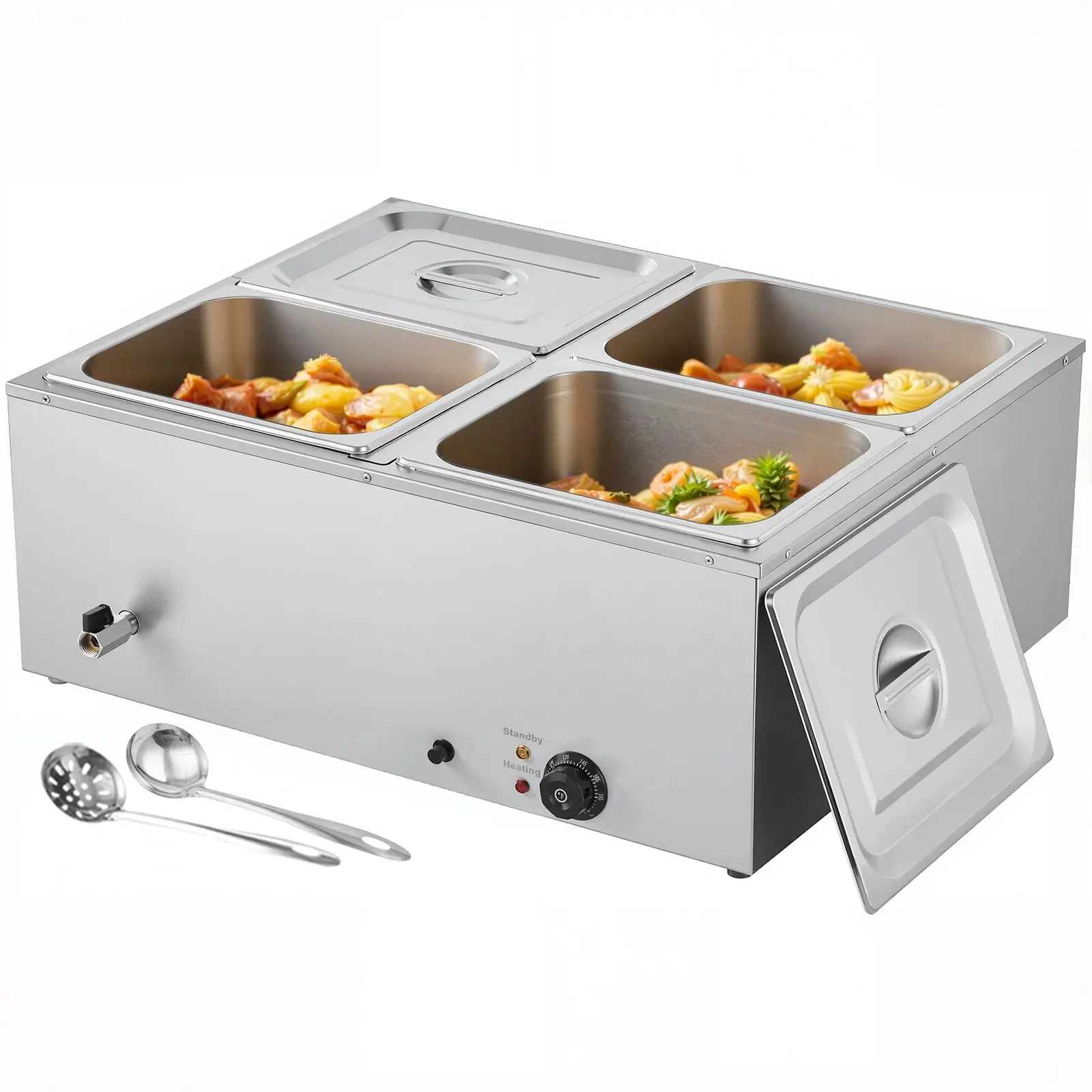 VEVOR Commercial Food Warmer, 1500W Electric Stainless Steel Steam Food Warmer with Lid, 4-Pan Fast Heating Countertop Buffet Bain Marie with Soup & Perforated Ladles, for Catering, Restaurant, Party Cooking Pot Food Steamer
