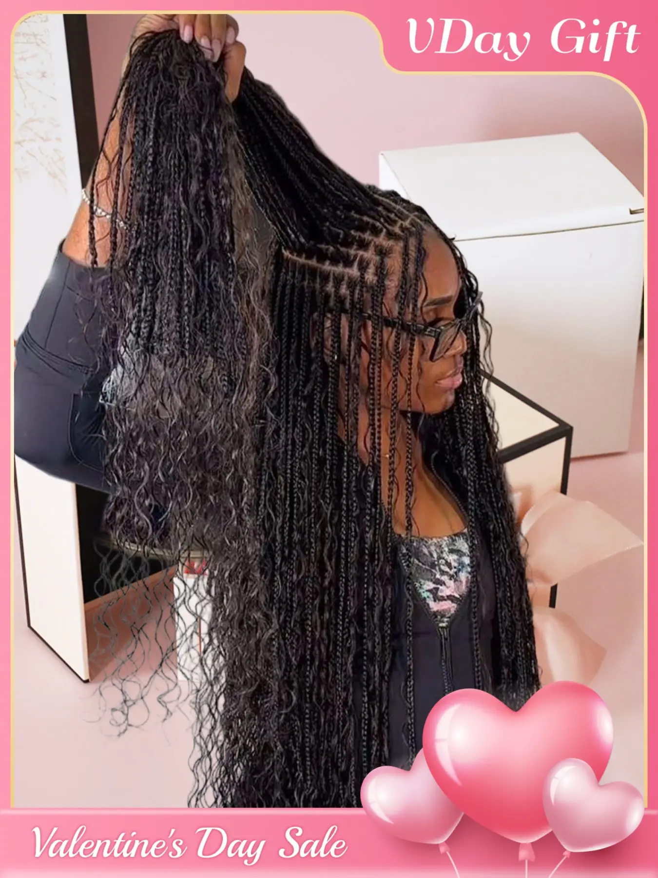 33 Inch Full Lace Front Box Braided Wig, Curly Hair Distressed Knotless Bohemian Style, Boho Style Wigs, Synthetic Twist Wigs for Women, Synthetic Twists Wigs, Braided Hair Texture, Braiding Wig
