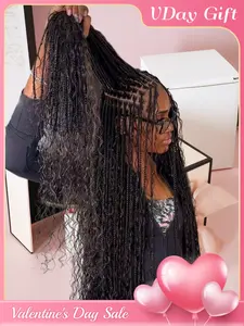 33 Inch Full Lace Front Box Braided Wig, Curly Hair Distressed Knotless Bohemian Style, Boho Style Wigs, Synthetic Twist Wigs for Women, Synthetic Twists Wigs, Braided Hair Texture