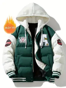 Winter Letter Embroidery Men's Jacket Colorblock Couple Thick Warm Coat, Casual Winterwear, Outdoor Windproof Overcoat, Trendy Layered Outerwear, Modern Street Style, Heavyweight Fabric, Machine Washable Pullover Sweatshirt, Unisex Apparel,Hoodie Menswear