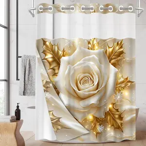 1PC/4PCS 2D Flat Printing Winter Joy Golden Leaf White Rose Snow Scene Patterned shower curtain, home bathroom decor, shower curtain set with 12 hooks, non-slip bathroom rug, U-shaped toilet seat cover, toilet seat mat.