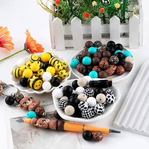 30pcs mixed DIY Beads three-dimensional focal bead printed round beads and solid color round beads combination can be used for DIY bead pens, keychains, necklaces, bracelets, for Crystal Craft Kit DIY Jewelry Making