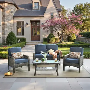 【2 Packages Shipping】HOOOWOOO Outdoor Sectional Patio Furniture Set - 4 Pieces Wicker Conversation Sets, L-Shaped Couch with Coffee Table & Cushions, 4 Seater