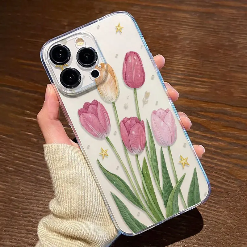 TPU Full-Coverage Lens Smartphone Casing - Tulip & Star Pattern, Drop-Proof, Non-Slip, Compatible with iPhone 11-17, X, XS Series & Other Handheld Cellphone Devices, Ideal Gift for Friends/Family