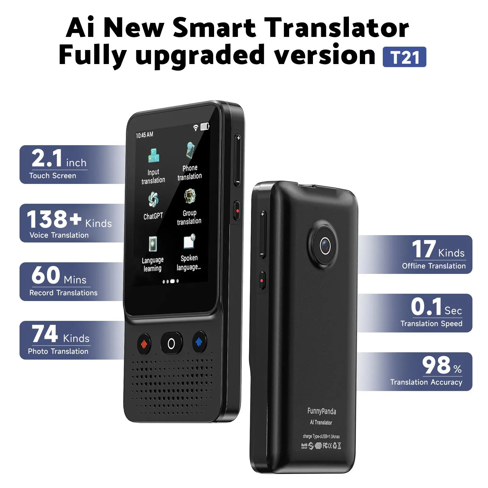 2026 Newest Portable AI Language Translator Device, 138+ Languages AI Offline/Group/Phone Translation Device Two Way Real-Time Voice,Upgraded Chip for Travel Business Learning traductor de voz idiomas Electronic Audio