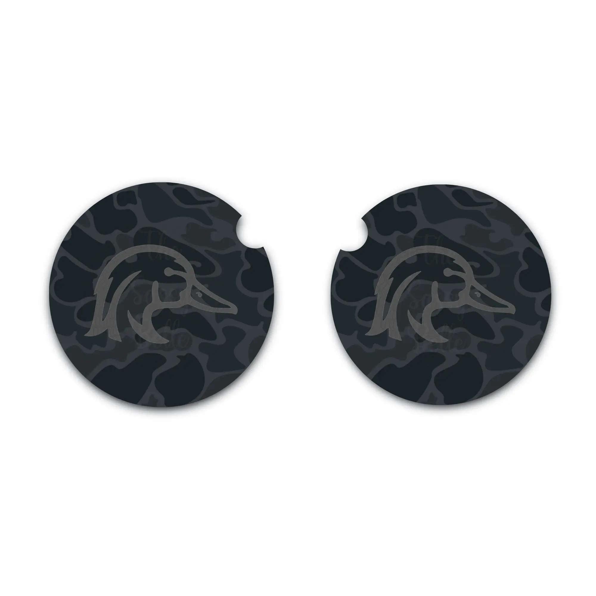 Old School Black Camo Wood Duck Car Coasters, Set of Two, Car Cup Holder, Soft Neoprene Car Coasters, Auto Accessories, New Driver Gift, New Car Gift, Vehicle Interior Accessories, Wood Duck, Black Camo
