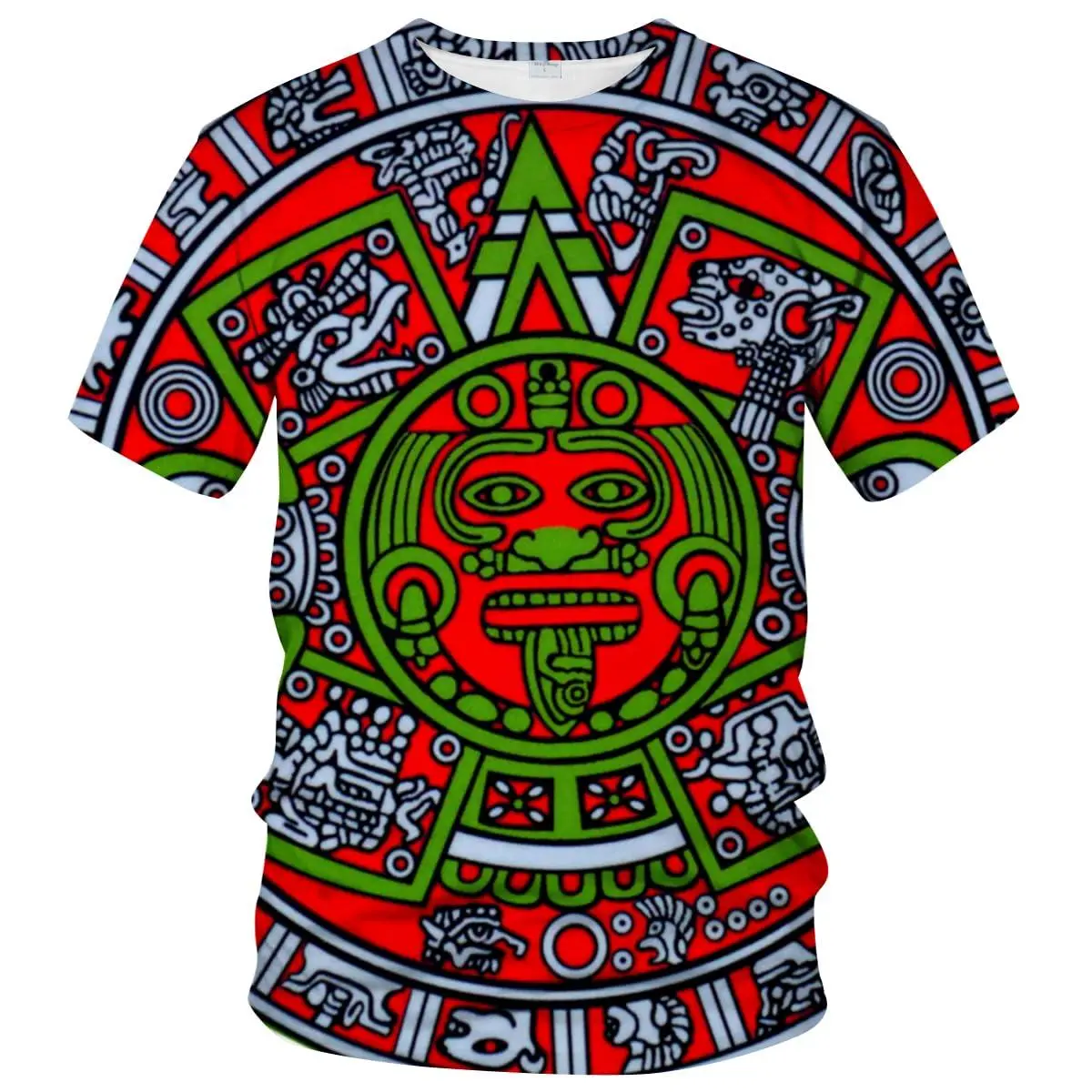 Aztec Calendar Print Tee with Rich Colors, Soft Unisex Shortsleeve Tops in a Relaxed Fit for Daily Outings, Casual, Crew Neck, Fabric, All Seasons, Streetwear, Tshirt, Full Body, Daily Wear, Breathable, Round Neck