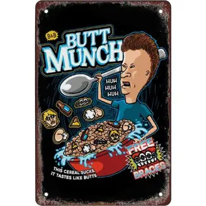 Funny Retro Butt Munch Cereal Beavis and Butthead Vintage Metal Sign - 8x12 in Stainless Steel Home Decor Plaque for Home Bars, Kitchen, Living Room