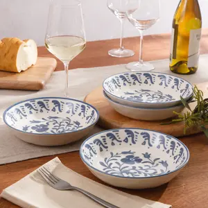 4-Piece 8 Inch Pasta Bowl Set - Stoneware - Valencia Flor - Iris Blue