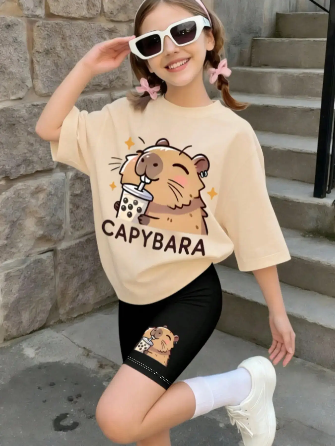 Girls' Casual, Cute Capybara Bubble Tea Print T-Shirt with Shorts Set, Perfect for School, Parties, Daily Wear, Summer Clothes Set, Animal Print Set, Summer Outfits Set